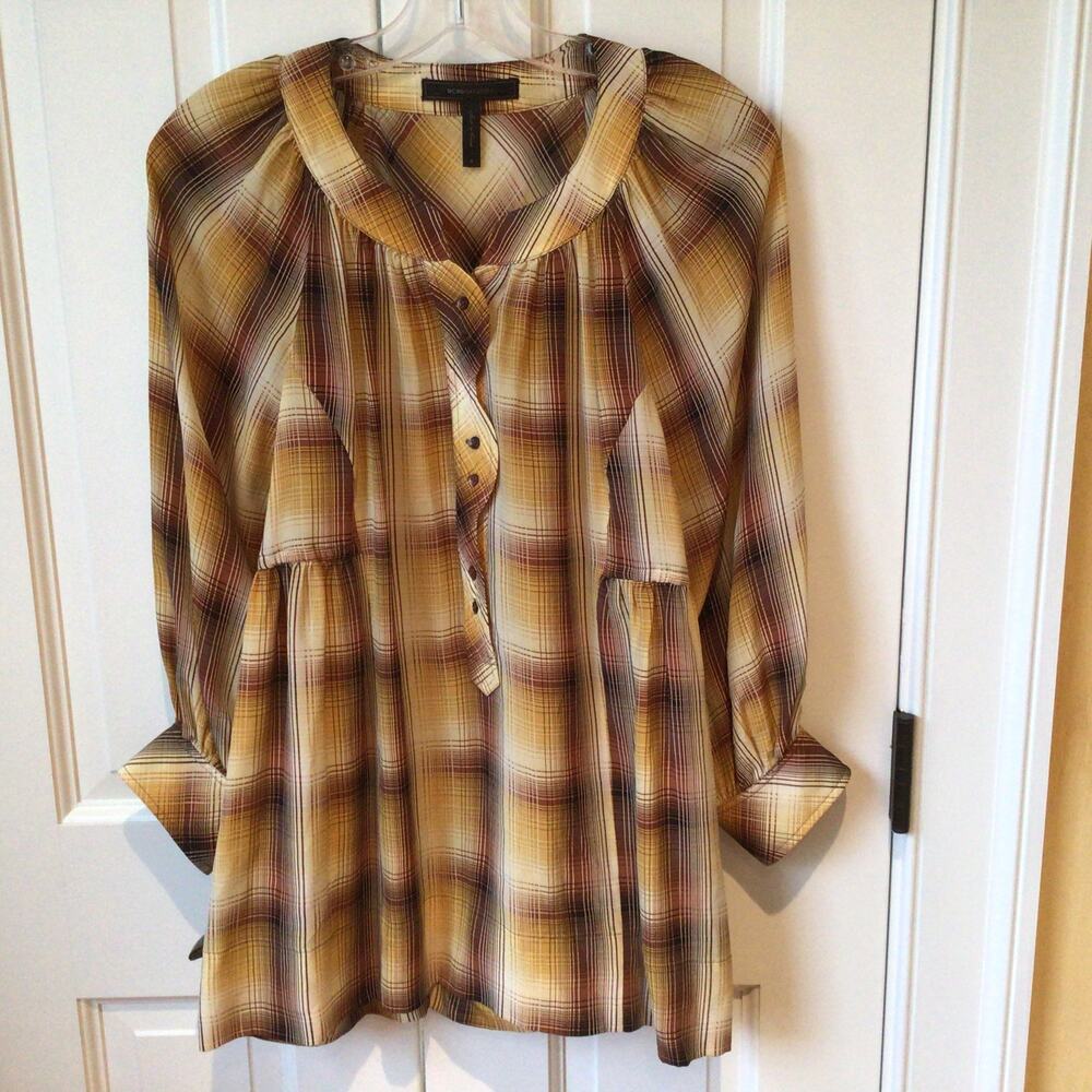 BCBGMAXAZARIA Honeycomb Plaid Silk Blouse Sz S